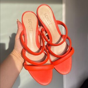 SCHUTZ Vibrant Red Strappy Block Heels